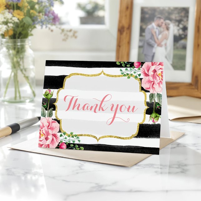 Gold Glitter Watercolor Floral Stripes Thank You (Creator Uploaded)