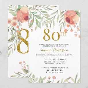 Gold Glitter & Watercolor Flowers 80th Birthday Invitation