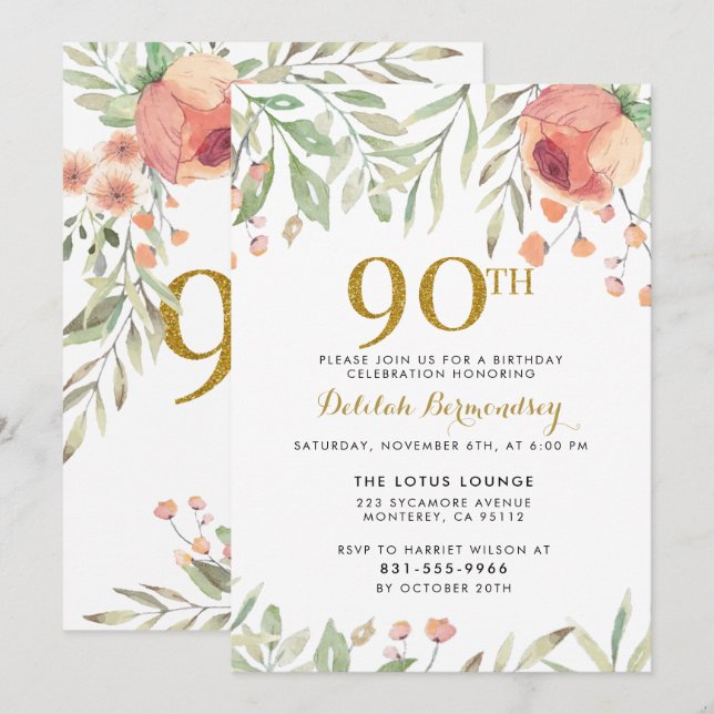 Gold Glitter & Watercolor Flowers 90th Birthday Invitation (Front/Back)