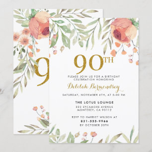 Gold Glitter & Watercolor Flowers 90th Birthday Invitation