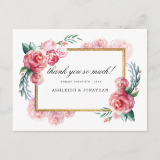 Gold Glitter & Watercolor Flowers | Thank You Postcard