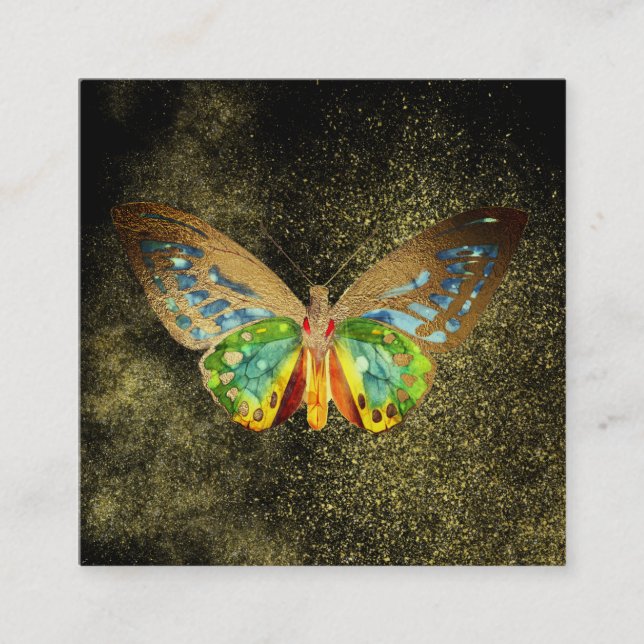 ** Gold Glitter . Watercolor Gilded Gold Butterfly Square Business Card (Front)