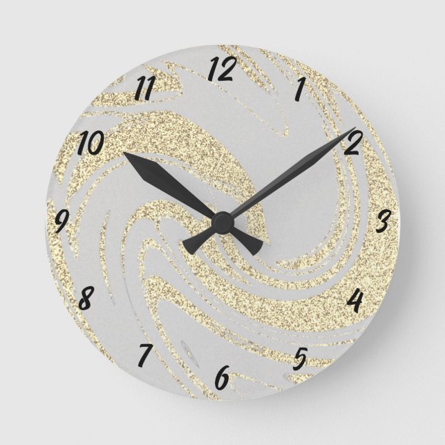 Gold Glitter Wave Pattern Beige Ivory Cream Decor Round Clock (Front)