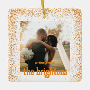 Gold Glitter Wedding Couple Photo Ceramic Ornament