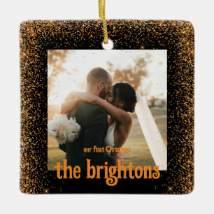 Gold Glitter Wedding Couple Photo Ceramic Ornament