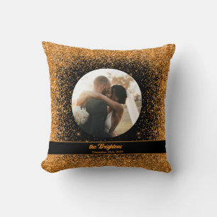 Gold Glitter Wedding Couple Photo Ceramic Ornament Cushion
