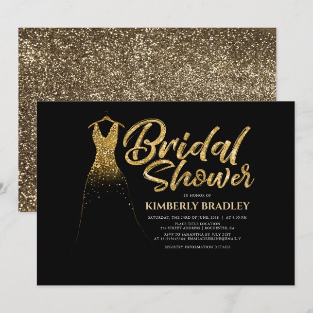 Gold Glitter Wedding Dress Black Bridal Shower Invitation (Front/Back)