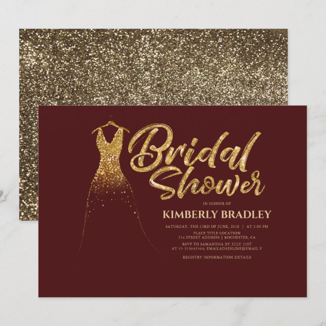 Gold Glitter Wedding Dress Burgundy Bridal Shower Invitation (Front/Back)