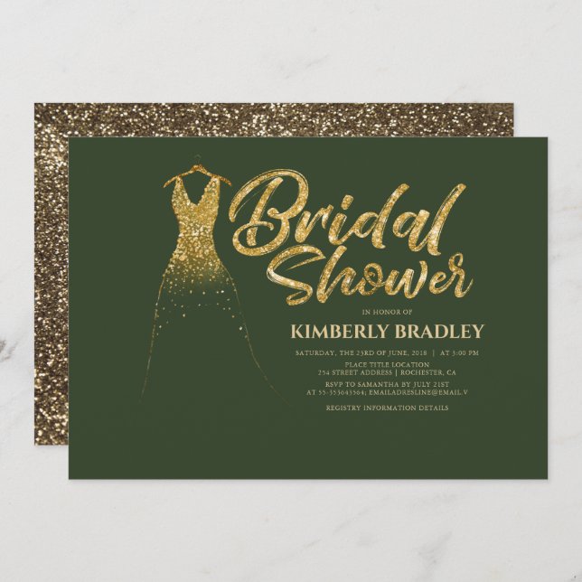 Gold Glitter Wedding Dress Green Bridal Shower Invitation (Front/Back)