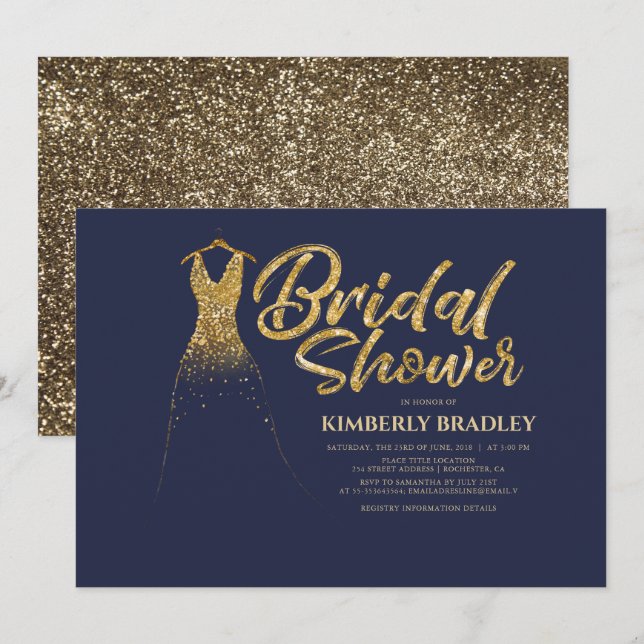 Gold Glitter Wedding Dress Navy Blue Bridal Shower Invitation (Front/Back)