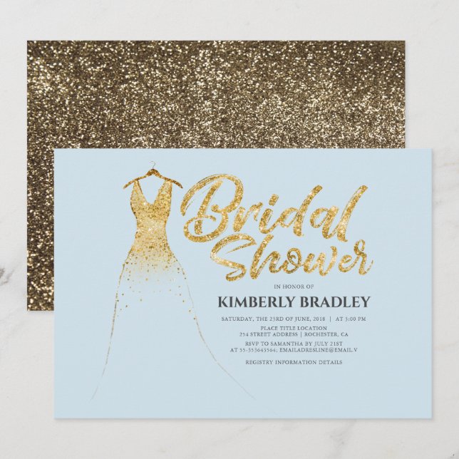 Gold Glitter Wedding Gown Dusty Blue Bridal Shower Invitation (Front/Back)