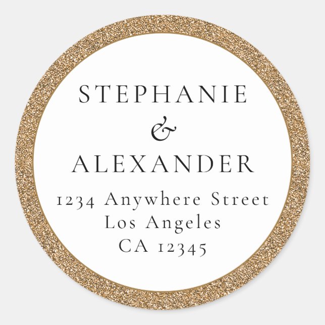 Gold Glitter Wedding Name Return Address Classic Round Sticker (Front)