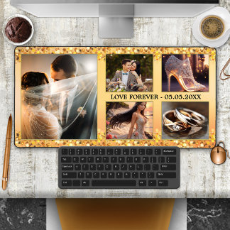 Gold Glitter Wedding Photo Collage Desk Mat