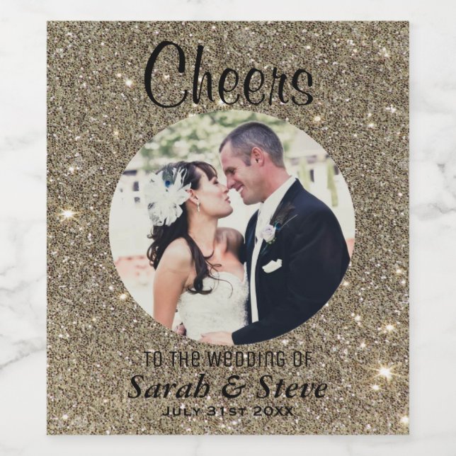 Gold Glitter Wedding Photo Wine Labels (Single Label)