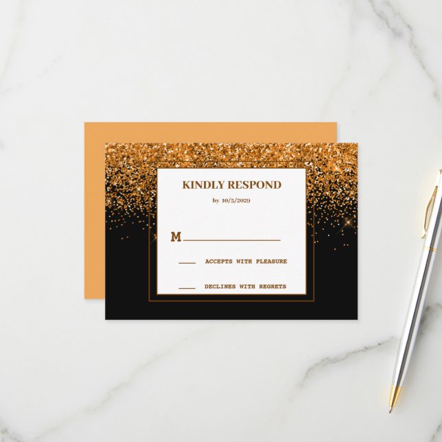 Gold Glitter Wedding RSVP Card (Front/Back In Situ)