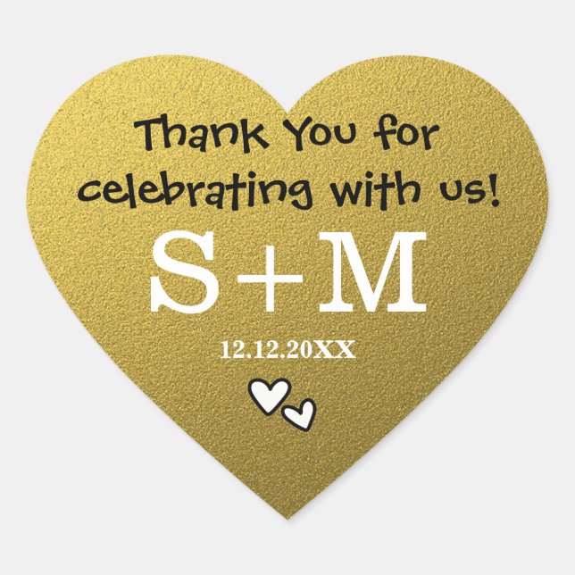 Gold Glitter Wedding Thank You Monogram Heart Heart Sticker (Front)
