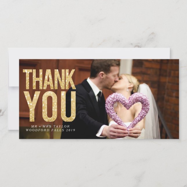 Gold Glitter Wedding Thank You Photo Cards (Front)