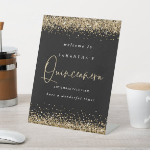 Gold Glitter Welcome Quinceañera 15th Party Black Pedestal Sign