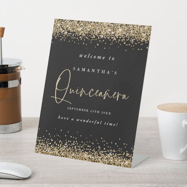 Gold Glitter Welcome Quinceañera 15th Party Black Pedestal Sign (In SItu)