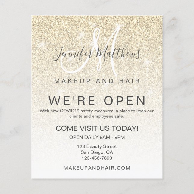 Gold Glitter We're Open Salon COVID Safe Flyer (Back)
