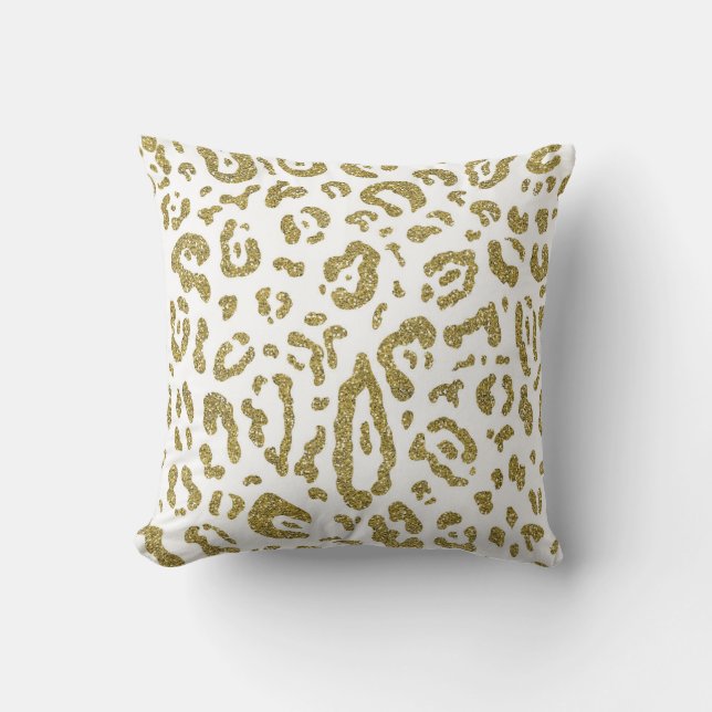 Gold Glitter White Cheetah Leopard Animal Print Cushion (Front)
