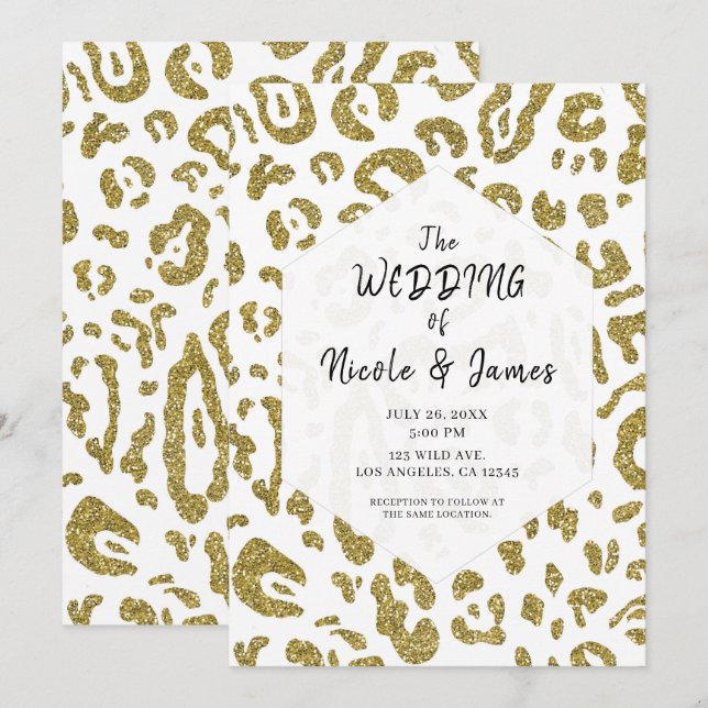 Gold Glitter White Cheetah Leopard Chic Wedding Invitation (Front/Back)