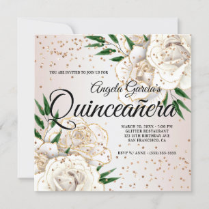 Gold Glitter White Floral Glam Quinceañera Invitation