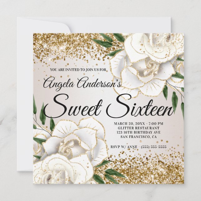Gold Glitter White Floral Glam Sweet Sixteen Invitation (Front)