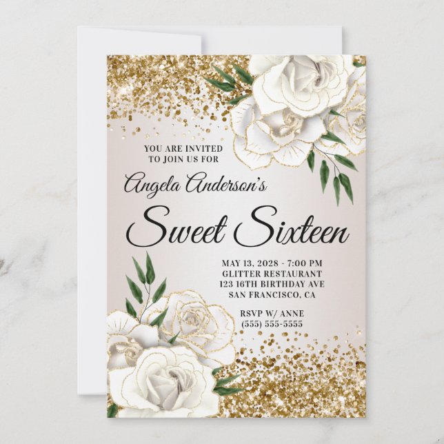 Gold Glitter White Floral Glam Sweet Sixteen Invitation (Front)