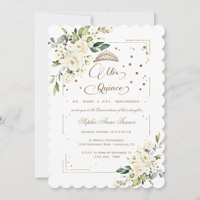 Gold Glitter White Floral Mis Quince Quinceañera Invitation (Front)