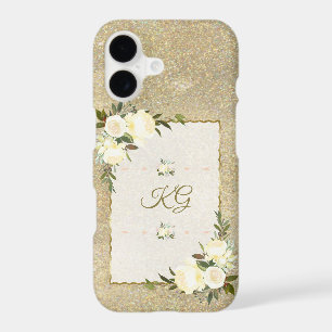 Gold Glitter White Floral Monogram