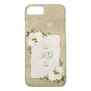 Gold Glitter White Floral Monogram iPhone 8/7 Case