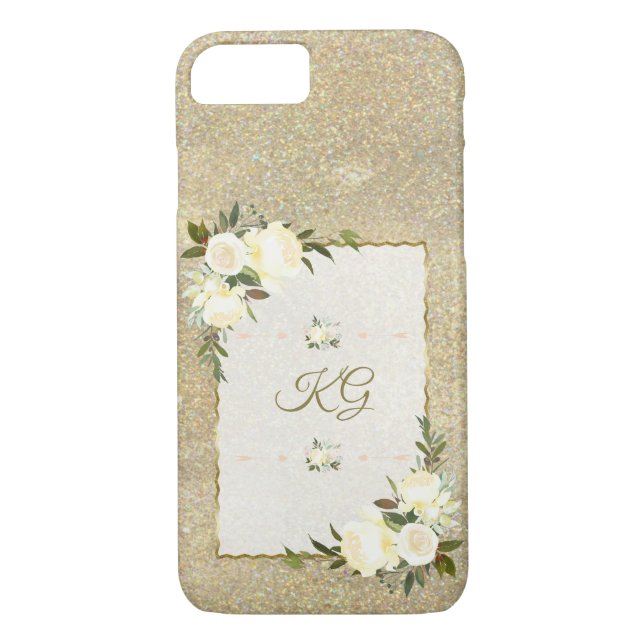 Gold Glitter White Floral Monogram Case-Mate iPhone Case (Back)