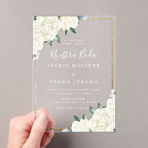 Gold Glitter White Floral Nuestra Boda Wedding Acrylic Invitations