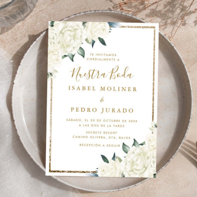 Gold Glitter White Floral Nuestra Boda Wedding Invitation (Creator Uploaded)