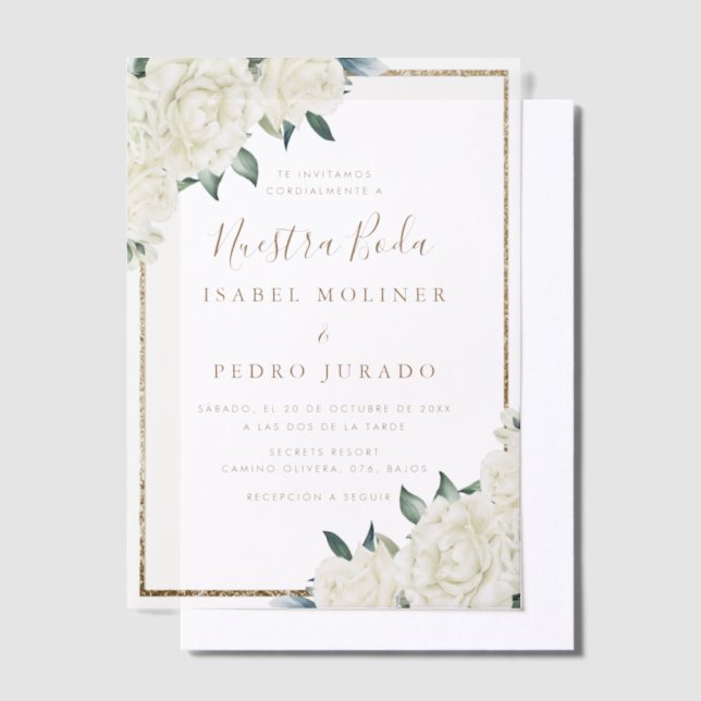Gold Glitter White Floral Nuestra Boda Wedding Vellum Invitations (Offset)