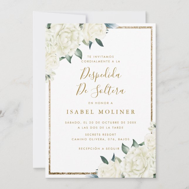 Gold Glitter White Floral Spanish Bridal Shower Invitation (Front)