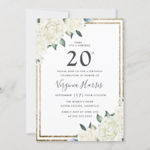 Gold Glitter White Floral Twenty 20th Birthday Invitation