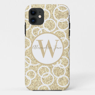 Gold Glitter White Geometric Circles Monogram iPhone 11 Case