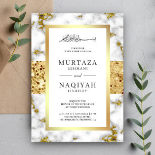 Gold Glitter White Grey Marble Muslim Wedding Invitation