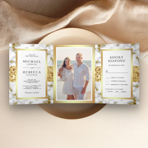 Gold Glitter White Grey Marble Photo Wedding Tri-Fold Invitation