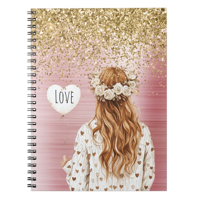 Gold Glitter White Hearts Balloon Red Head Female Notebook (Front)