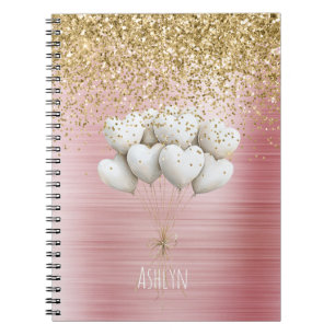 Gold Glitter White Hearts Balloons Notebook