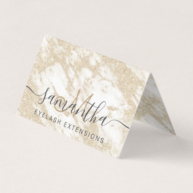 gold glitter white marble trendy eye aftercare business card (Front)