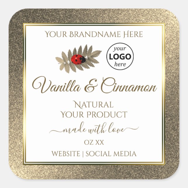 Gold Glitter White Product Labels Ladybug Add Logo (Front)