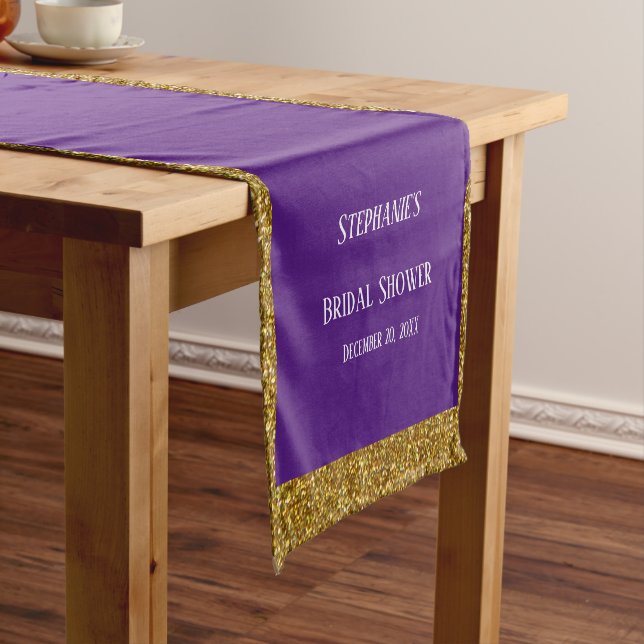Gold Glitter White Purple Bridal Shower Wedding Short Table Runner (In Situ)