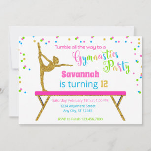 Gold Glitter White Sparkle Gymnastics Birthday Invitation