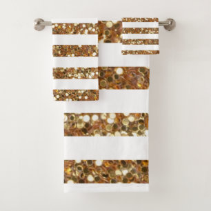 Gold Glitter White Striped Bath Towel Set