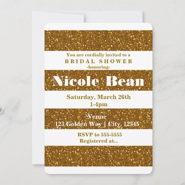Gold Glitter & White Stripes Glamour Invitations (Front)