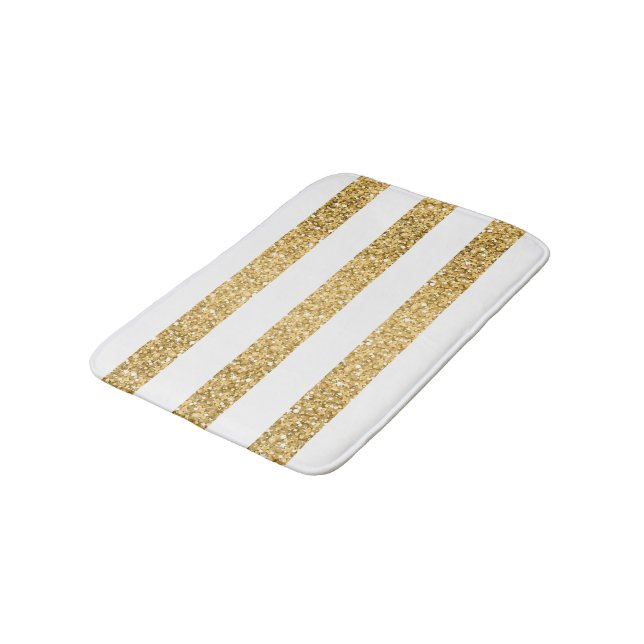 Gold Glitter White Stripes Pattern Bath Mat (Angled)